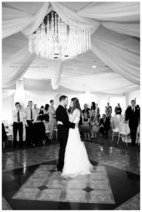Black and White image of first dance at a wedding in Villa Bianca in Seymour CT